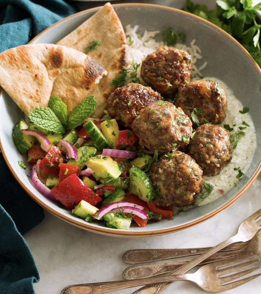 Greek meatballs, pita, and Greek salad